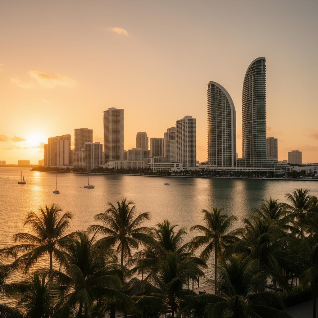 Miami skyline over Biscayne Bay with palm trees at golden hour