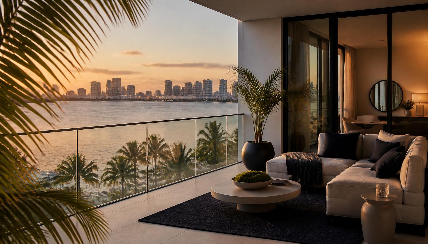 Miami luxury apartment balcony overlooking Biscayne Bay at sunset